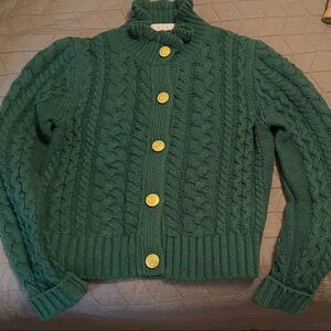 J. Crew Green and Gold Cable Knit Cardigan
